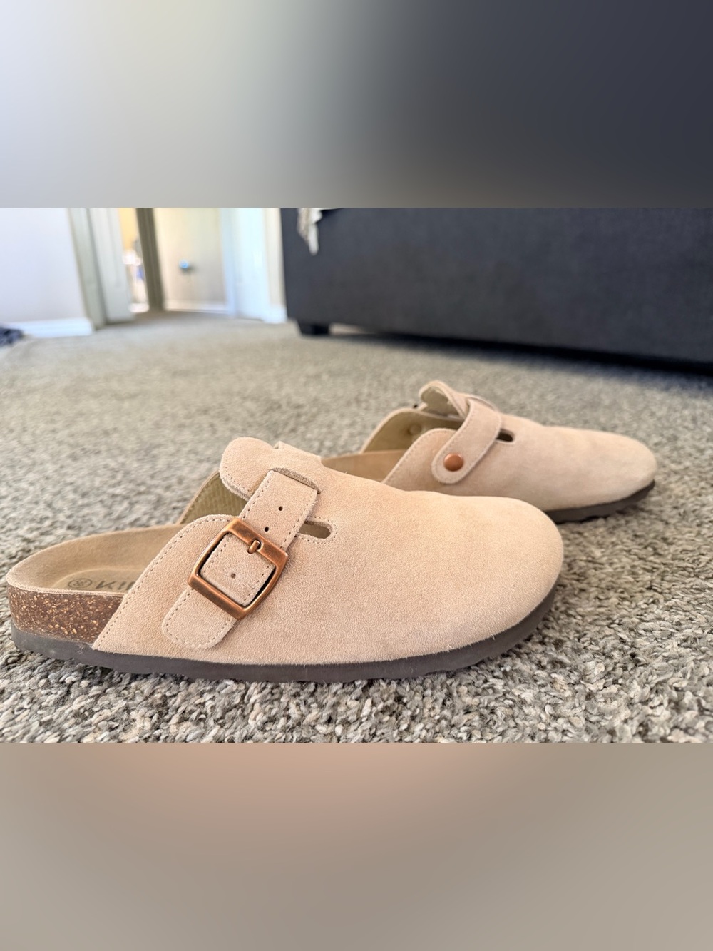 Suede Slip-On Clog in Light Beige with Adjustable Buckle